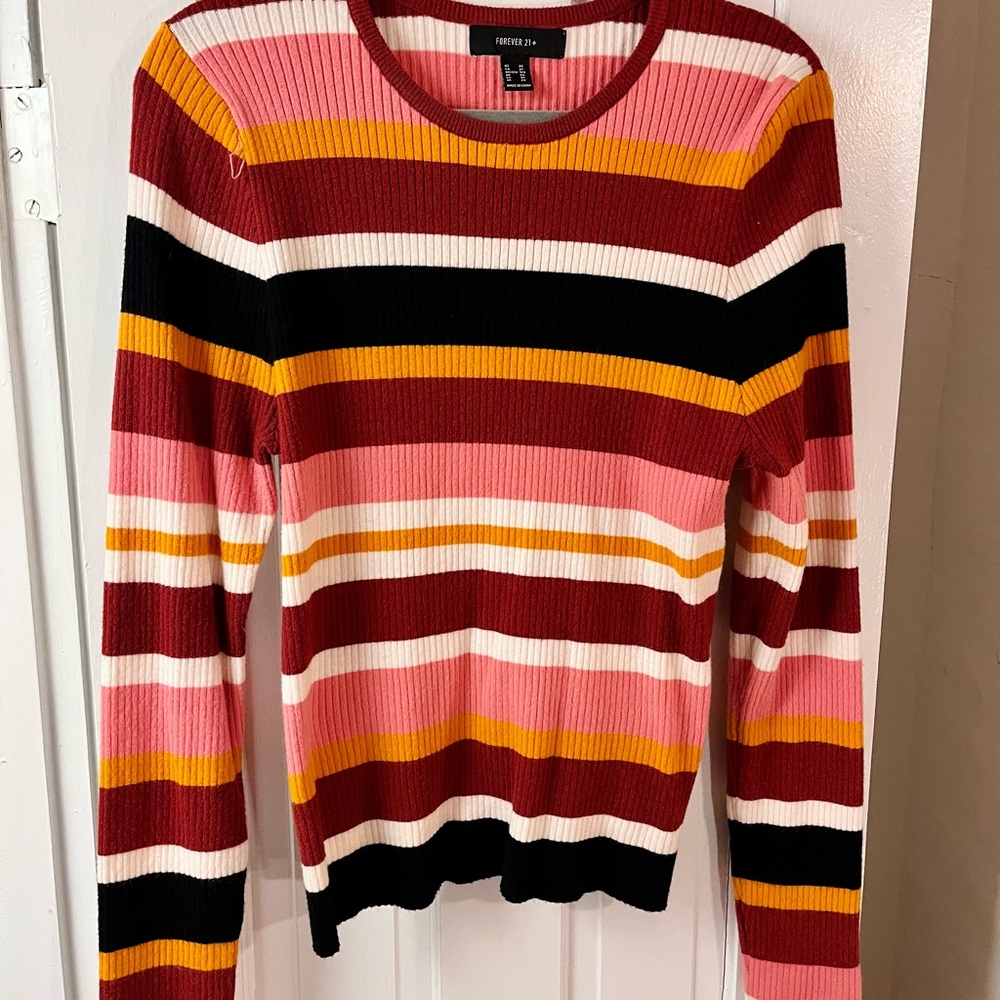 Forever 21 Plus Ribbed Striped Crewneck Sweater - Red, Pink, Yellow